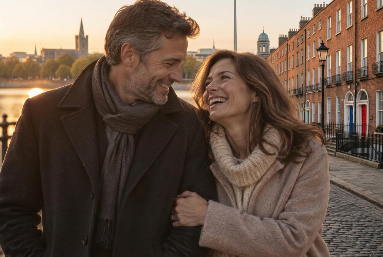A couple laughing together at golden hour