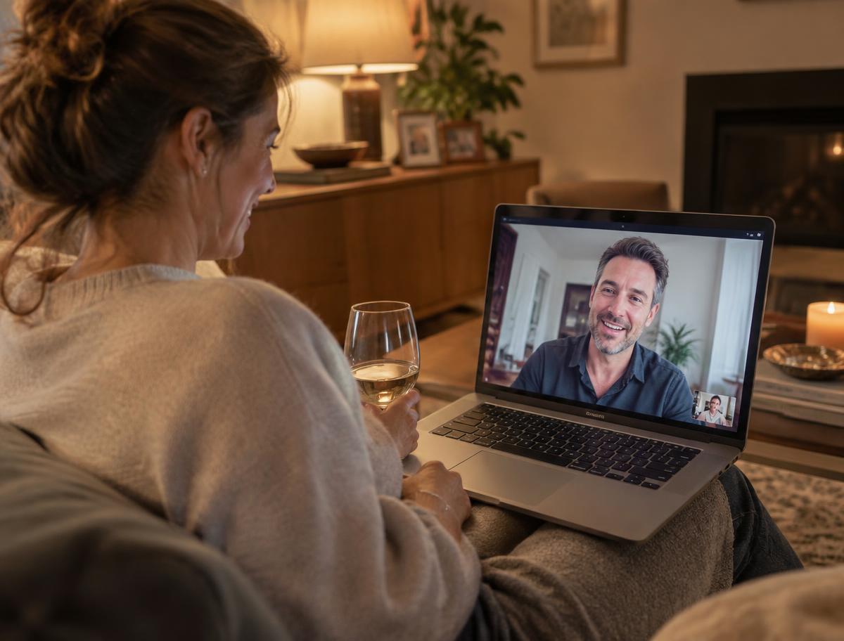 A woman and man enjoying a warm virtual date by video